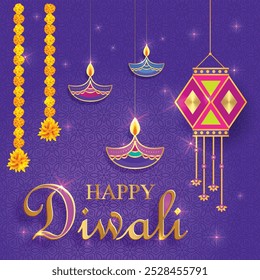 Happy Diwali Festival, with shining light and yellow flowers Background.