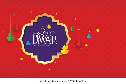 Happy Diwali Festival Template Design with Lamps on Red Patterned Background