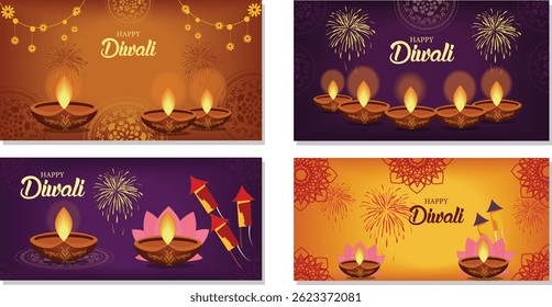  Happy Diwali Festival Vector Banner Set - Diyas, Fireworks and Lotus Illustrations