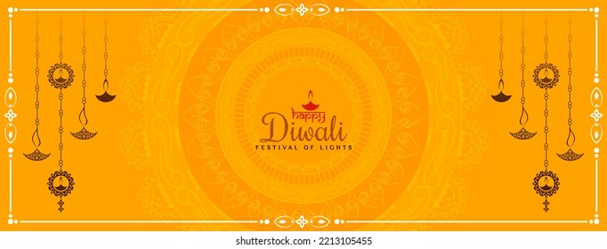 Happy Diwali festival yellow banner with hanging lamps design vector