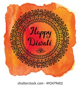 Happy Diwali festival.Mandala circle wreath.Doodle style.Watercolor splash.Greeting card.Hand drawig decor.Vector background.Indian religion holiday Holy diya Shubh Deepawali.Horizontal Illustration