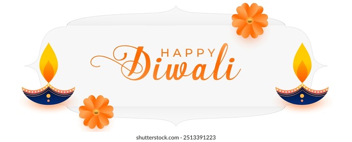 happy diwali festive 2024 white banner with diya and flower vector