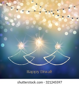 Happy Diwali festive background with stylized oil lamps. Happy Diwali Card. Vector illustration