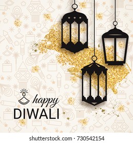 Happy Diwali festive background with stylized oil lamp made from paper. Vector illustration