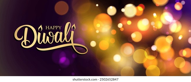 Feliz Anuncio festivo de Diwali. India festival de luces de fondo de vacaciones con letras de mano saludos. Luces bokeh borrosas y brillantes. Ilustración vectorial.