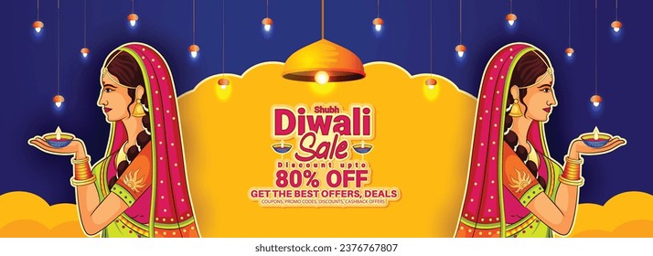 Feliz Diwali a la venta de tarjetas de felicitación, banner con dama india, lámparas diya y fondo decorativo Ilustración vectorial.
