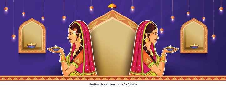 Happy Diwali festive sale greeting cards,banner with indian lady,diya lamps and decorative background Vector illustration.
