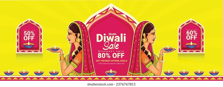 Happy Diwali festive sale greeting cards,banner with indian lady,diya lamps and decorative background Vector illustration.
