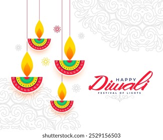 happy diwali festive white background. artistic hanging diya design vector