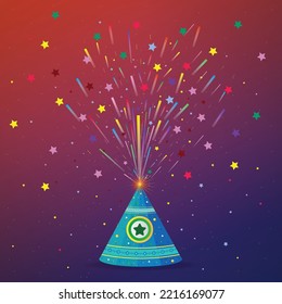 Happy Diwali. Diwali Firecracker Flower Pot with Bursting Stars. Diwali festival celebration banner. greeting card, invitation or advertising poster.