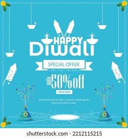 Feliz Diwali con petardos hasta un 50% de descuento en el diseño de la plantilla de banner. Festival indio de luces, oferta de venta, plantilla de tarjetas de felicitación, maceta de flores Diwali. Ilustración del vector 