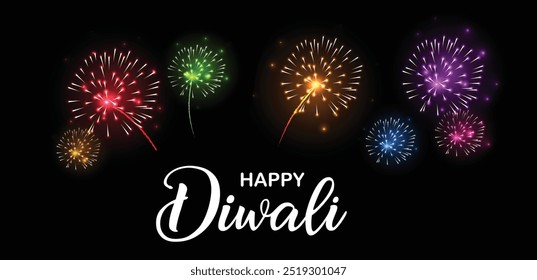 Feliz Diwali fuegos artificiales en el cartel de Vector del cielo nocturno