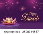 Happy Diwali With Flower Shaped Diya, Fireworks And Hanging Lights On Purple Background. Festival of Lights Concept.