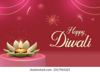 Happy Diwali With Flower Shaped Diya, Fireworks And Hanging Lights On Dark Pink Background. Festival of Lights Concept.