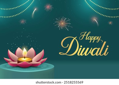 Happy Diwali With Flower Shaped Diya, Fireworks And Hanging Lights On Dark Turquoise Background. Festival of Lights Concept.