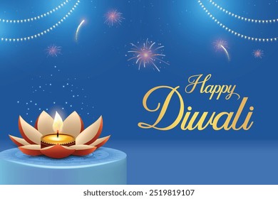 Happy Diwali With Flower Shaped Diya, Fireworks And Hanging Lights On Blue Background. Festival of Lights Concept.