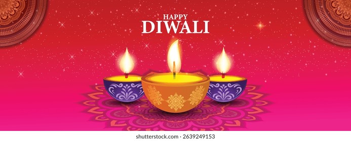 Happy Diwali flyer with Diya and mandala background, can be used in festival invitation, promotion, marketing, greetings, Indian festival of light Diwali poster for your design, easily editable vector