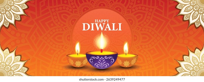 Happy Diwali flyer with Diya and mandala background, can be used in festival invitation, promotion, marketing, greetings, Indian festival of light Diwali poster for your design, easily editable vector