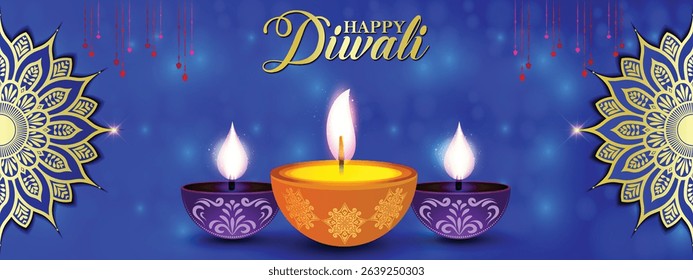 Happy Diwali flyer with Diya and mandala background, can be used in festival invitation, promotion, marketing, greetings, Indian festival of light Diwali poster for your design, easily editable vector