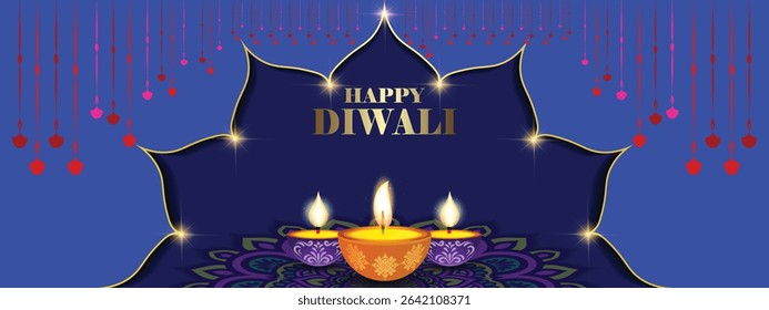 Happy Diwali flyer with Diya and mandala background, can be used in festival invitation, promotion, marketing, greetings, Indian festival of light Diwali poster for your design, easily editable vector
