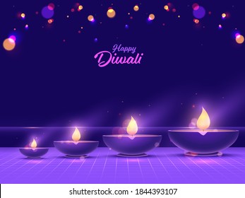 Happy Diwali Font With Illuminated Oil Lamps (Diya) On Purple Bokeh Background.