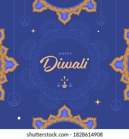 Happy Diwali Font with Mandala Pattern on Blue Background.