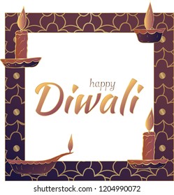 Happy Diwali! 
Frame with candles and an inscription in the center. Banner. White background. Vector.