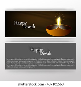 Happy Diwali front and back banner template. burning oil lamp diya on Diwali Holiday, ancient Hindu festival of lights, on blurred background.