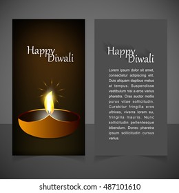 Happy Diwali front and back Vertical banner template. burning oil lamp diya on Diwali Holiday, ancient Hindu festival of lights, on blurred background.
