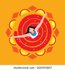 Happy Diwali. girl with diwali snacks, rangoli vector background, banner or poster.