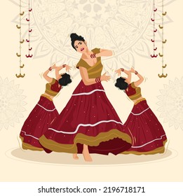 Happy Diwali. Girls Playing Garba and Dandiya in Navratri Celebration 
