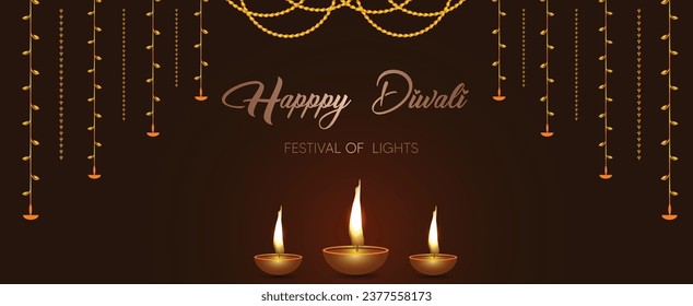 Happy Diwali with glowing Diya vector poster