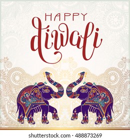 Happy Diwali gold greeting card with hand written inscription and two elephants to indian light community festival, vector illustration