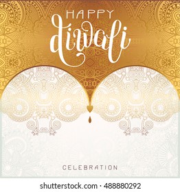 Happy Diwali gold greeting card with hand written inscription to indian light community festival, vector illustration