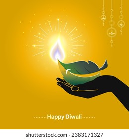 Happy Diwali. Green Diwali Creative concept. Diwali festival Poster design. Candle, lamp light and green leaf illustration.