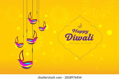 Happy Diwali Greeting Background Template with Hanging Lamps Vector Illustration
