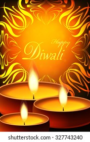 Happy Diwali greeting card. Against the backdrop of the beautiful pattern of oil lamps