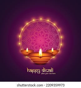 Happy Diwali Greeting Card With Burning Oil Lamp Festival Background