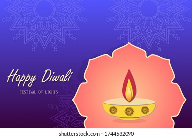 Happy Diwali greeting card colorful concept with lamp and mandala backgorund. India festival of lights holiday invitations template, banner, card, postcard. Vector illustration.