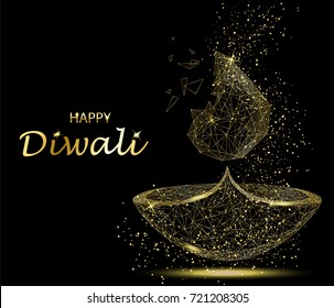 Happy Diwali greeting card. Deepavali light and fire festival. Gold colors, polygonal art on black background. Beautiful vector illustration.