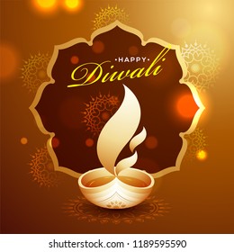 Happy diwali greeting card design with illuminated oil lamp on glossy brown background.