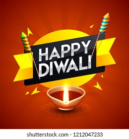 Happy Diwali greeting card design with realistic illuminated oil lamps on brown background.