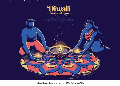 Happy Diwali greeting card design. Indian couple sitting on floor and decorating their rangoli pattern with diya at serene night.