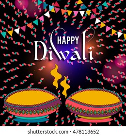 Happy Diwali greeting card design, Beautiful glowing typographic background, Can be used as Poster, Banner  also for Indian Festival of Lights celebration.