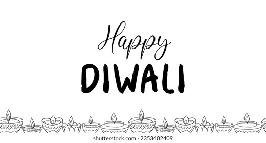 Happy Diwali greeting card with Diwali diya. Festival of light vector coloring page