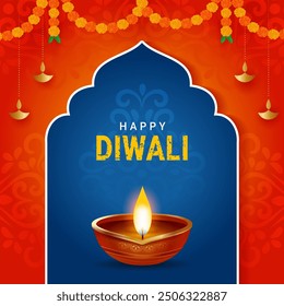 Happy Diwali greeting card with diya indian style background. Indian Traditional floral garland with marigold flower