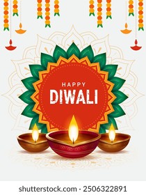 Happy Diwali greeting card with diya in indian style. Diwali festival sale poster, flyer, background, invitation card