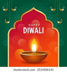 Tarjeta de felicitación feliz de Diwali con diya en estilo indio. Cartel de la venta del festival de Diwali, volante, fondo, tarjeta de la invitación