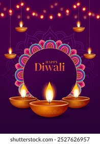 Happy Diwali greeting card with diya in indian style. Diwali festival sale poster, flyer, background, invitation card