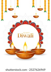 Tarjeta de felicitación feliz de Diwali con diya en estilo indio. Cartel de la venta del festival de Diwali, volante, fondo, tarjeta de la invitación